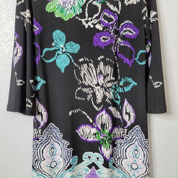 Studio I 3/4 sleeve stretch knit floral graphic scoop neck midi dress - Picture 3 of 7